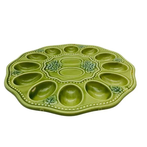 Vtg Green Majolica Deviled Egg Plate Grapevine Decorative Serving Platter